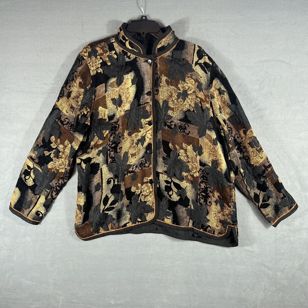 Women's Tapestry Floral Jacquard Jacket Coat M Black Gold Brown Button Front